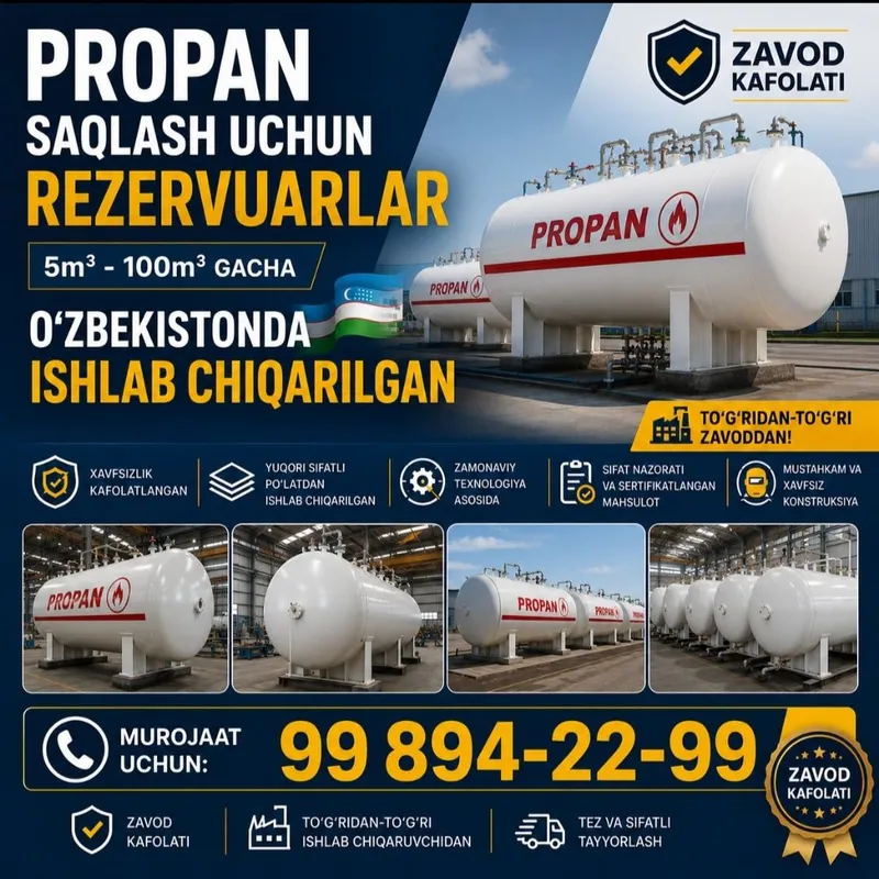 Propan saqlash uchun rezervuarlar ishlab chiqarish. 5m3-100m3