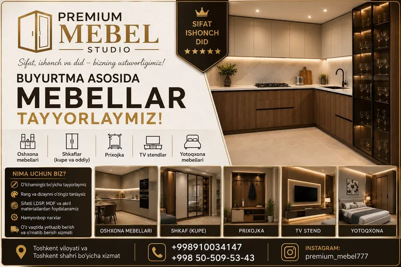 Buyurtma asosida zamonaviy mebellar tayyorlaymiz! Buyurtma asosida zamonaviy mebellar tayyorlaymiz!