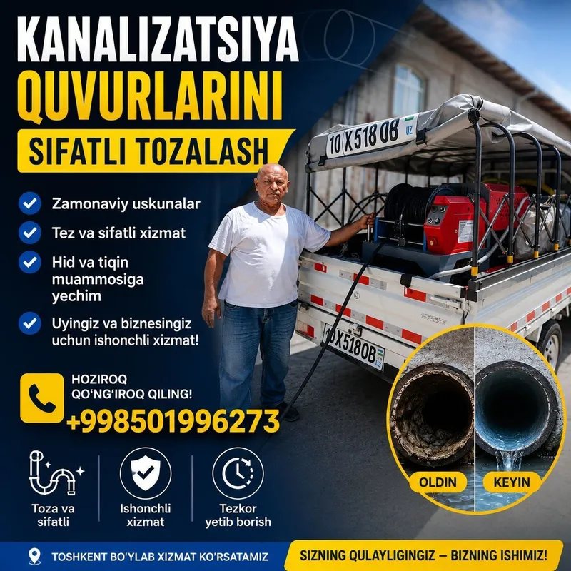 kanalizatsiya tozalash va quvurlarni yuvish xizmat