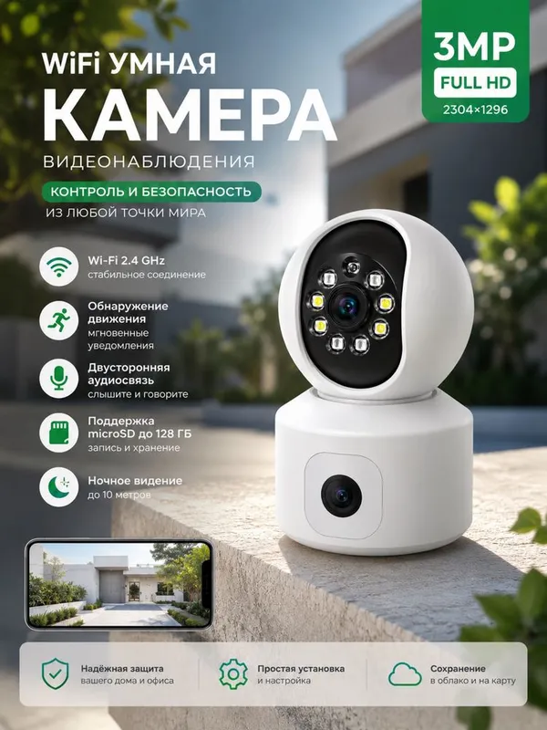 3MP WI-Fi IP kuzatuv kamerasi S51 ikki linzali Full HD,Tungi korish 2 3MP WI-Fi IP kuzatuv kamerasi S51 ikki linzali Full HD,Tungi korish 2
