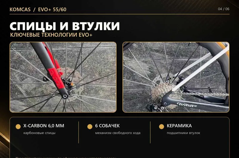 KOMCAS EVO+ 55/60 — карбоновые шоссейные колёса, 1450 г 4