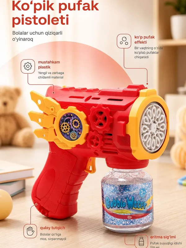 Bolalar uchun pufak chiqaradigan pistolet