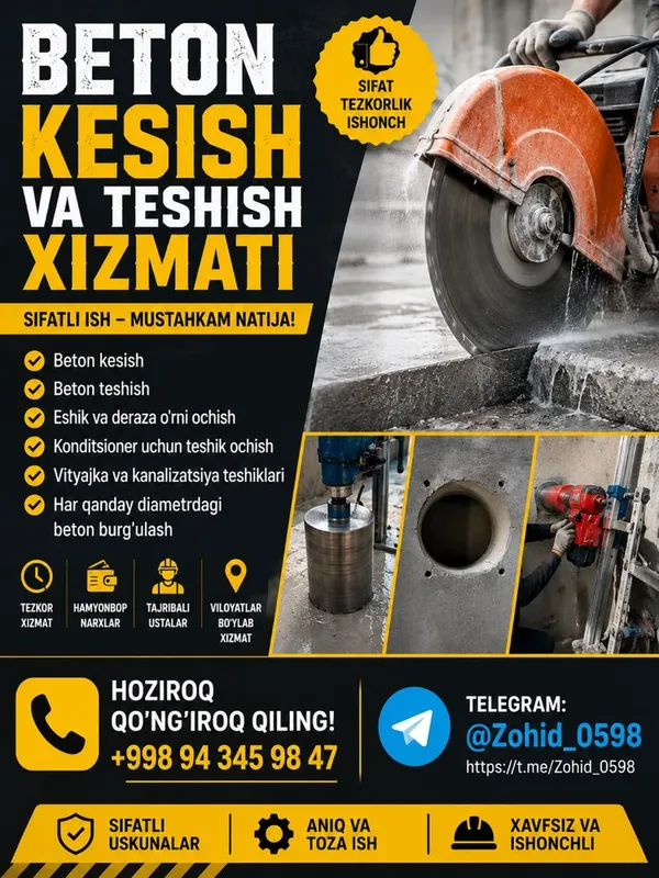 Beton kesish xizmati 24/7 aloqadamz Beton kesish xizmati 24/7 aloqadamz