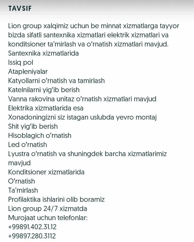 Elektrik. Santexnik. Konditsioner Usto 2 Elektrik. Santexnik. Konditsioner Usto 2