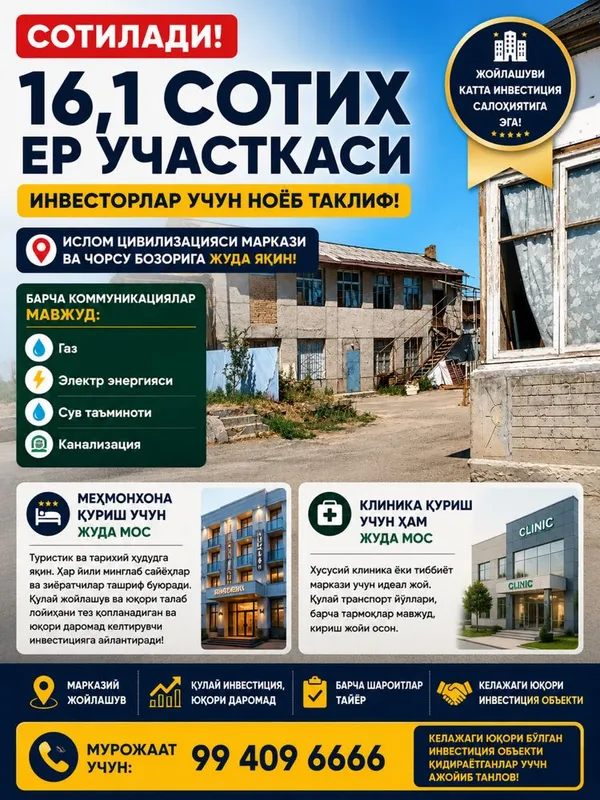 16,1 сотих ер сотилади — Чорсу ва Ислом цивилизацияси маркази яқинида! 1