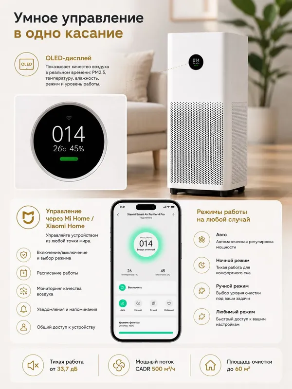 Очиститель воздуха Xiaomi Air Purifier 4 Pro, 60 м², оригинал(CN) 4 Очиститель воздуха Xiaomi Air Purifier 4 Pro, 60 м², оригинал(CN) 4