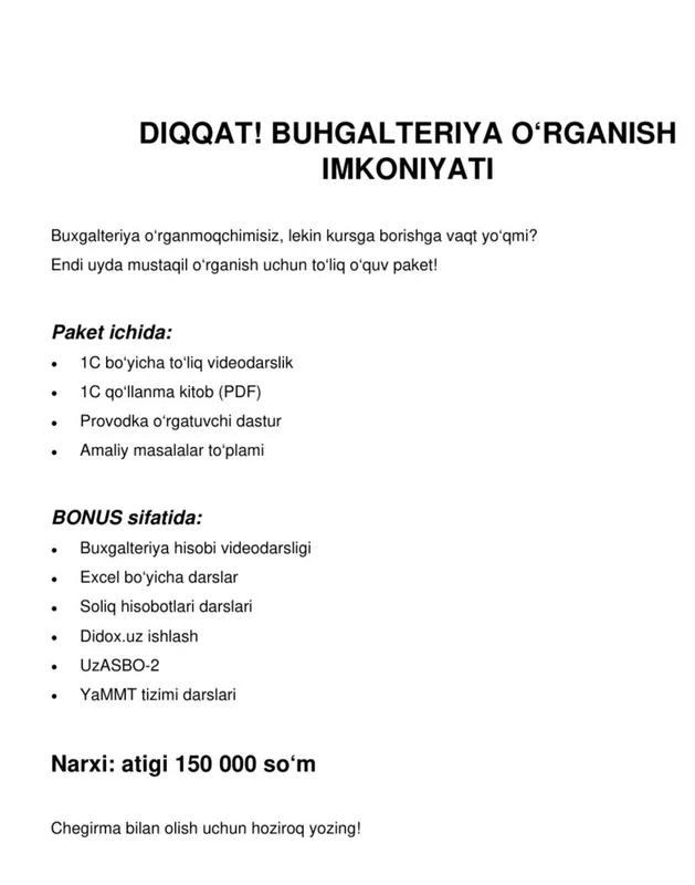 buxgalteriyani 0 dan urganmoqchi bulganlar uchun