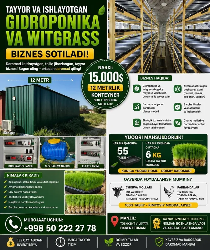 Tayyor gidroponika va Witgrass biznesi sotiladi 12 metrlik konteyner 1