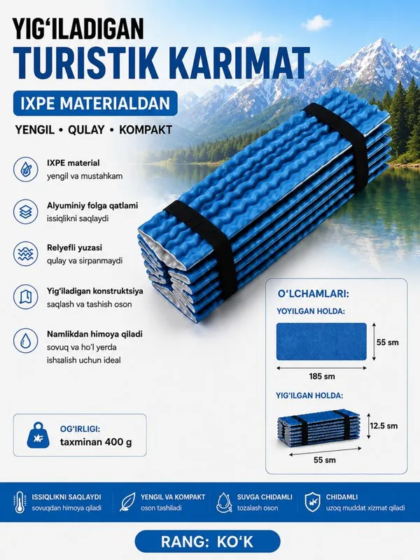 Yig‘iladigan turist karimati IXPE 185×55 sm | Kemping va piknik uchun 3 Yig‘iladigan turist karimati IXPE 185×55 sm | Kemping va piknik uchun 3