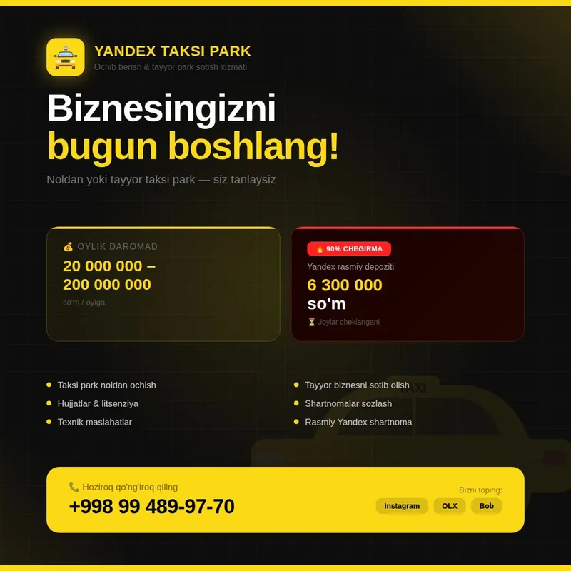 YANDEX TAKSOPARK OCHIB BERISH VASOTISH XIZMATI!