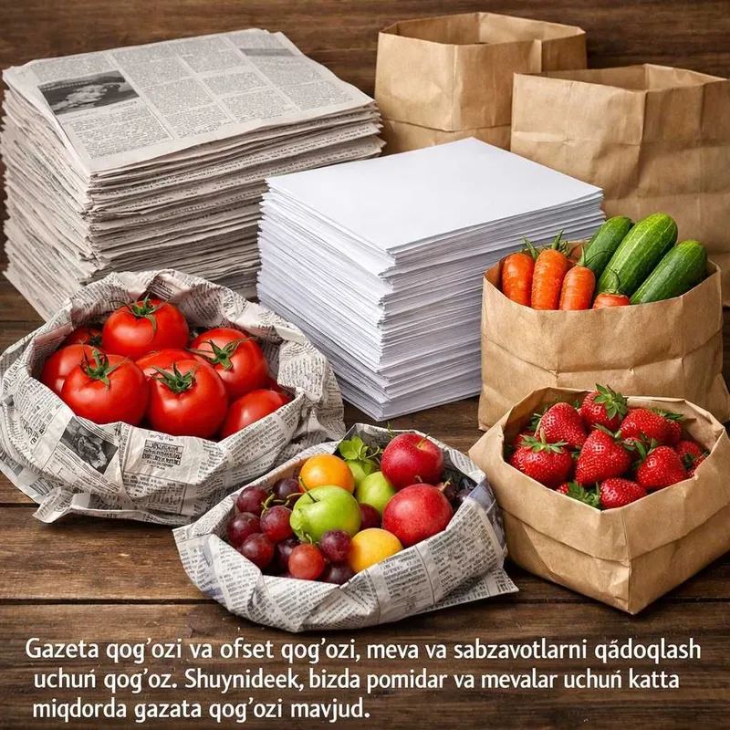 Gazeta qog'ozi mevalar va sabzavotlar (pamidor)larni qadoqlash uchun
