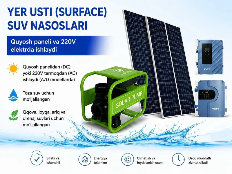 Yer usti suv nasoslari | Quyosh paneli va 220V elektrda ishlaydi 1 Yer usti suv nasoslari | Quyosh paneli va 220V elektrda ishlaydi 1