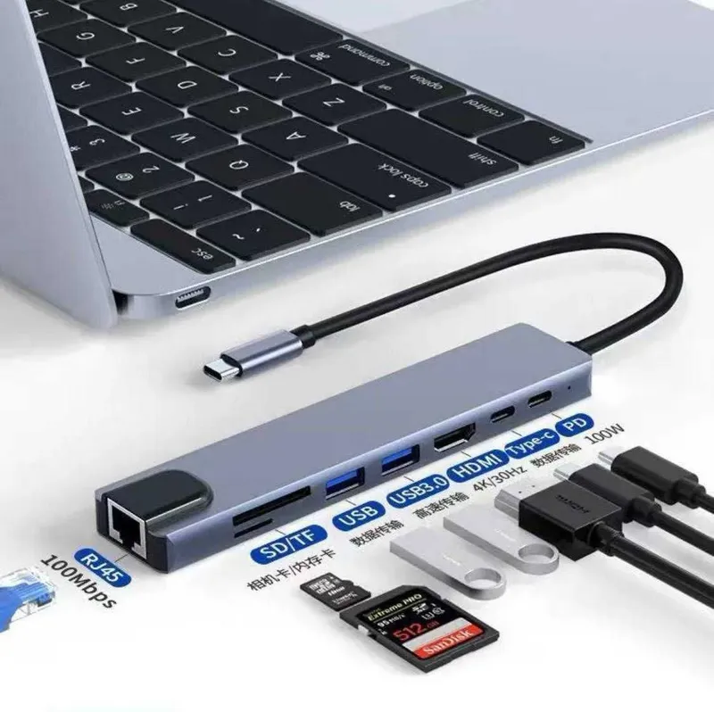 USB HUB адаптер Type-C 8 в 1 порт-расширитель для MacBook и смартфона