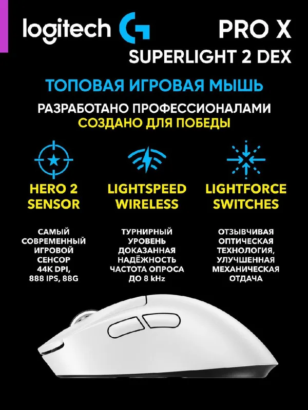 Беспроводная игровая мышка Logitech PRO X SUPERLIGHT 2 DEX, 44000 dpi, HERO 2, белая — фото 2