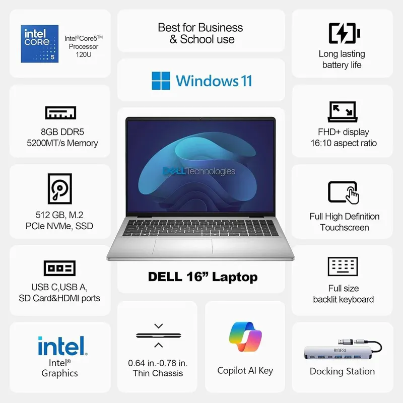 Dell 16" 2K Touchscreen Intel Core 5 120U, 8GB RAM, 512GB SSD — фото 1