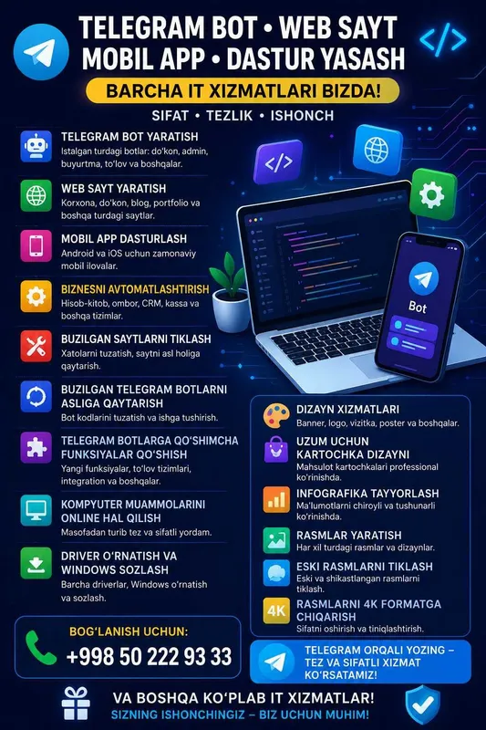 Telegram bot • Web sayt • Mobil ilova • Dastur yaratish |IT xizmatlari