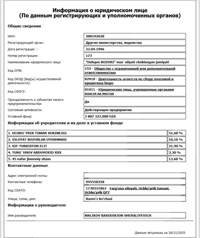 Продается доля 21.4% в действующем дехканском базаре Учкуприк 2