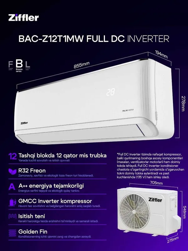 Кондиционер Ziffler 12 BAC-Z12T1MW DC Inverter on/off ! 24/7 установка