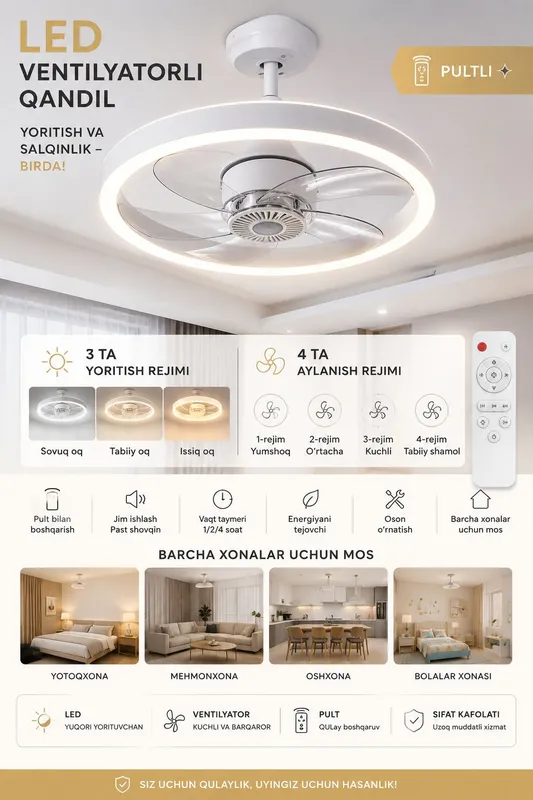 LED ventilyatorli qandil, pultli, 3 ta yoritish