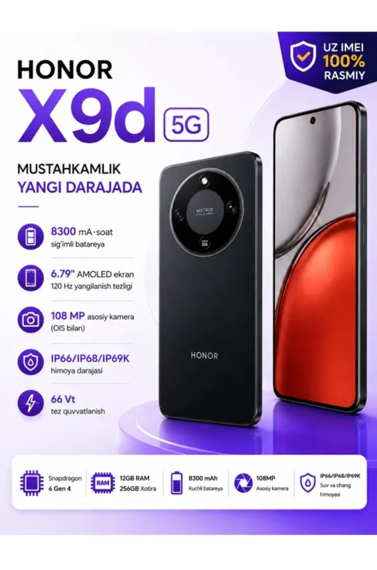 Yangi qadoqlangan HONOR X9d 5G 12/256, Black smartfon/telefon sotiladi 1