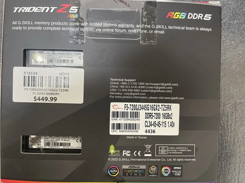Оперативная память G SKILL Trident Z5 7200Mhz 32gb DDR5