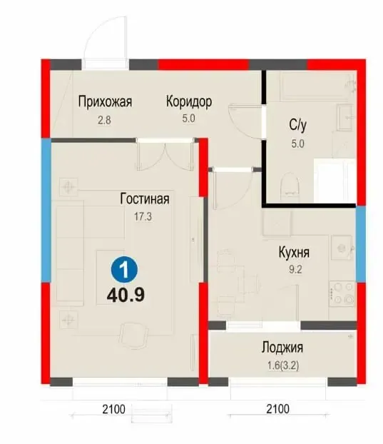 СРОЧНО! 1-комнатная квартира 40,9 кв.м, 6/12, метро рядом — фото 2