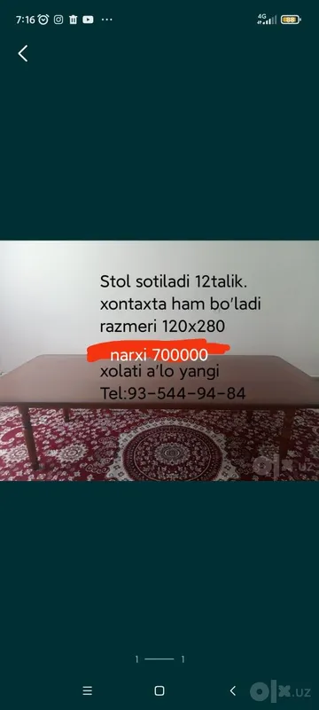 Xontaxta sotiladi 12 kishilik xolati a'lo yangiday. Xontaxta sotiladi 12 kishilik xolati a'lo yangiday.