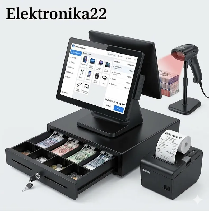 POS kassa to‘plami (monoblok + чек printer + 2D skaner + metall pul qutisi)