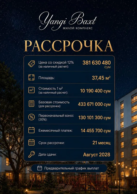 1-комн. Первый взнос 130 млн, 21 месяц по 14,4 млн 1