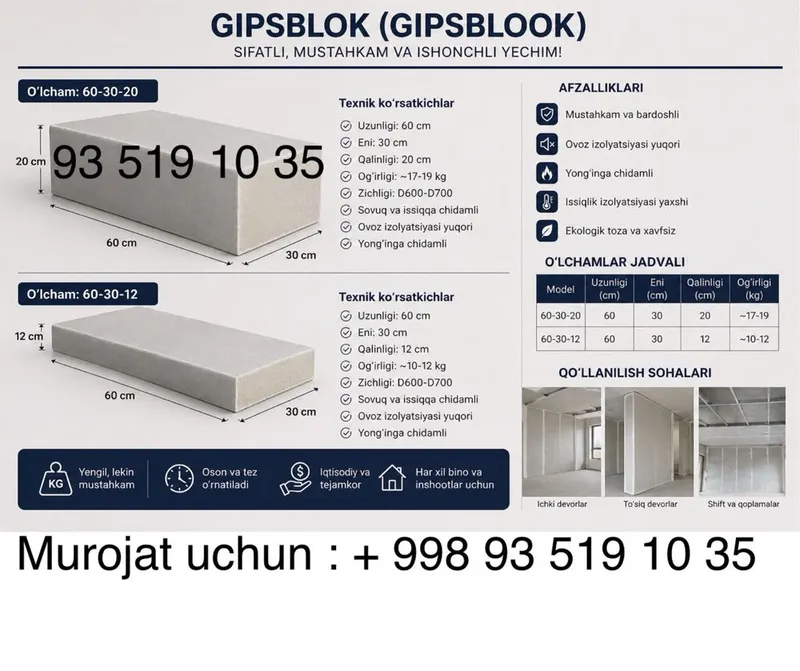 Gazablok | Penablok | Gipsablok kley bepul