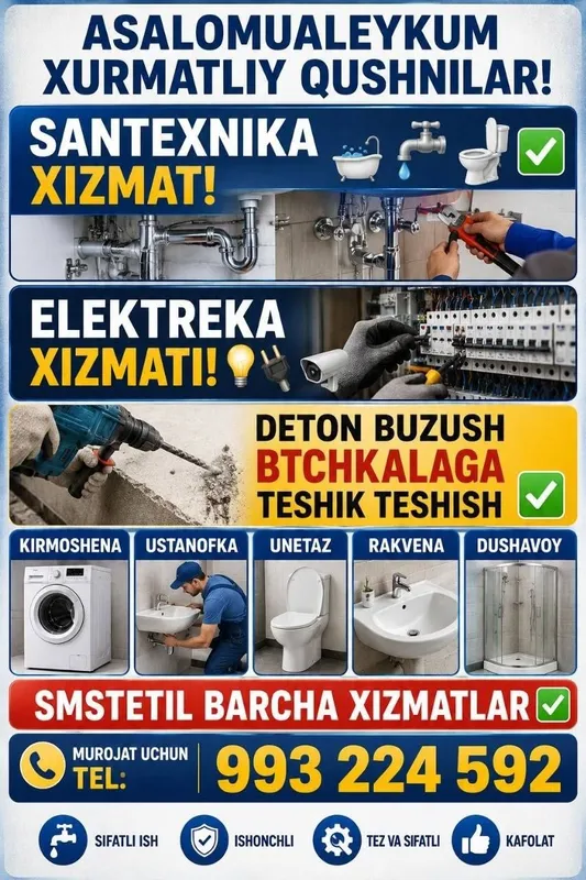 Santexnika xizmati, mantaj atamlena, ustanovka dush nabor