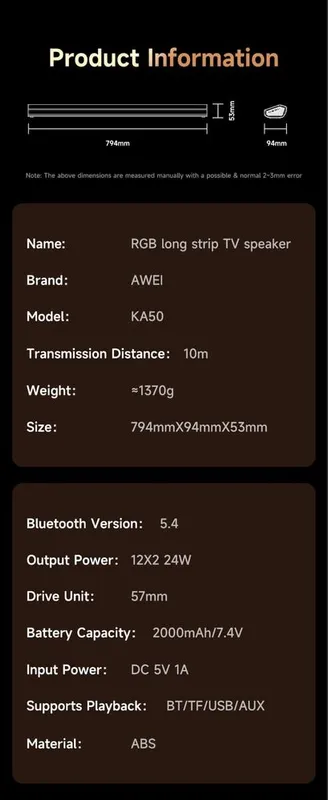 Портативная колонка Awei KA50 24 Вт, Bluetooth 5.4/6.0 саундбар — фото 7 Портативная колонка Awei KA50 24 Вт, Bluetooth 5.4/6.0 саундбар — фото 7
