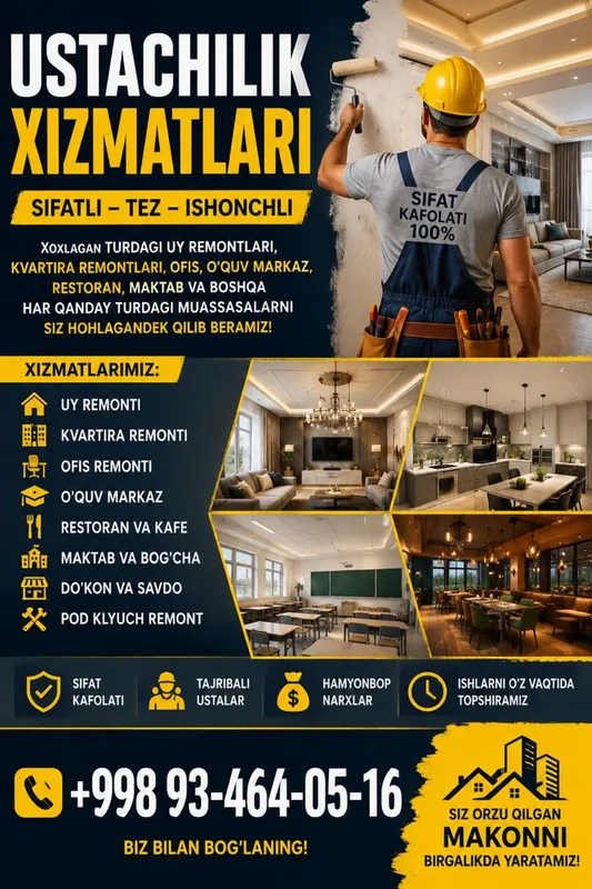 Uyingizni siz xoxlagandek remont qilib beramiz Uyingizni siz xoxlagandek remont qilib beramiz