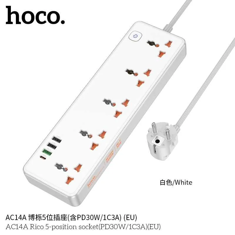 Hoco AC14A Rico Сетевой фильтр 5 розетками и USB-портами PD30W EU/GER — фото 4