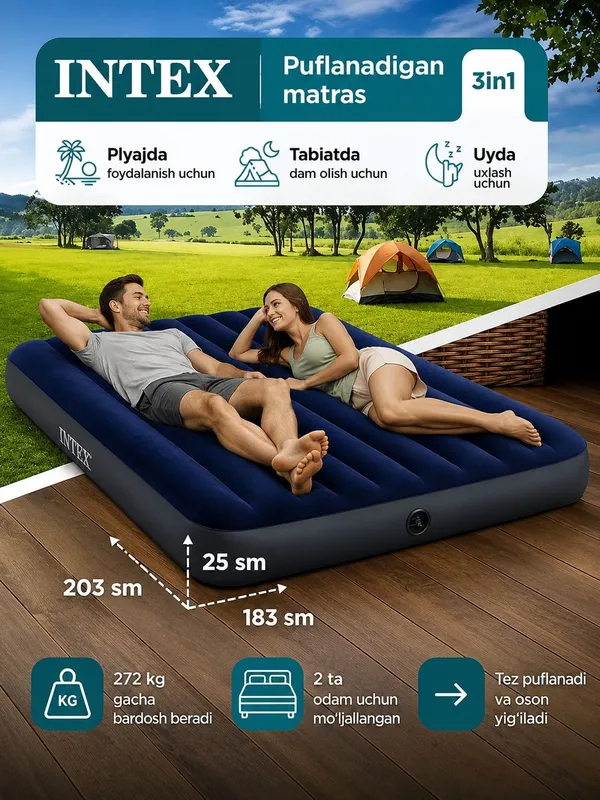 Intex ikki kishilik puflanadigan matras 203×183×25 sm 1 Intex ikki kishilik puflanadigan matras 203×183×25 sm 1