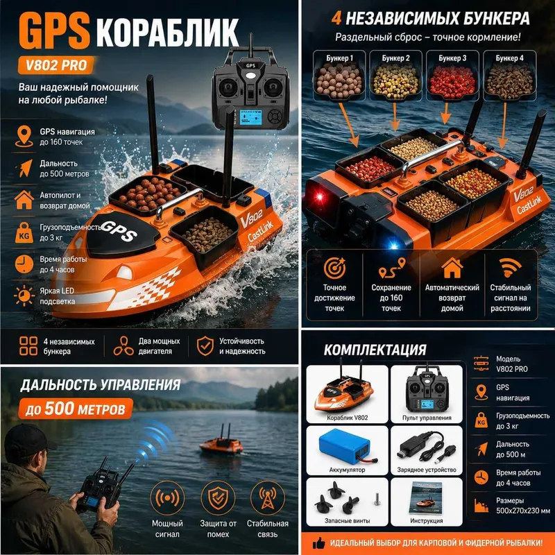 GPS Кораблик для прикормки V802 | 4 бункера | Автопилот 1 GPS Кораблик для прикормки V802 | 4 бункера | Автопилот 1