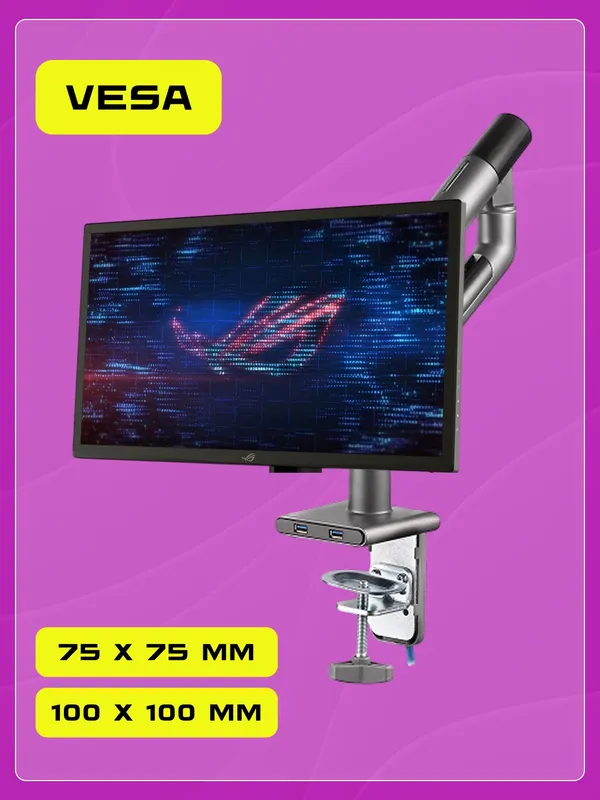 Крепление монитора 2E Husto с USB 3.0, черное, сталь, VESA 100x100, до 3.25 кг — фото 1