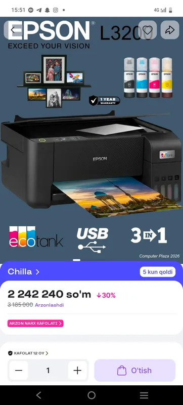 Epson L3200 yengi notoʻgʻri buyurtma beribman