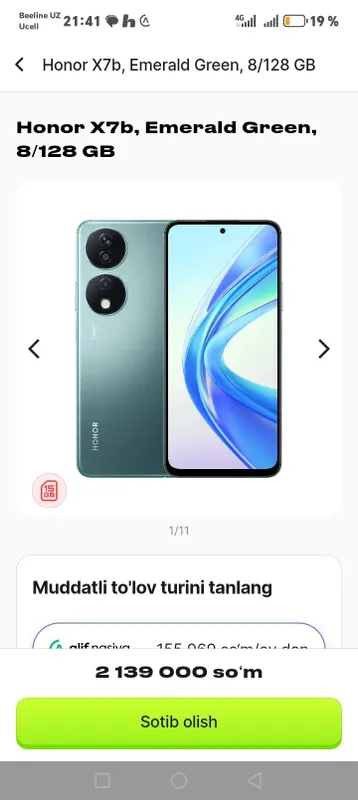 Honor x7b yangi 8/128 korobka plomba 1 yil garantiya