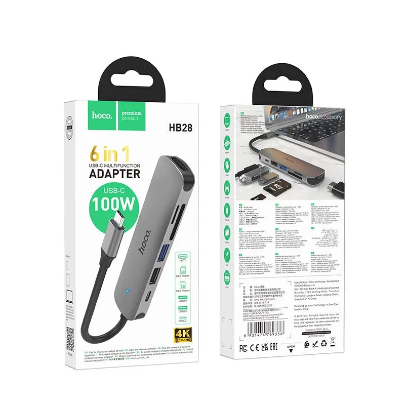 USB-C Хаб HOCO HB28 6 в 1, HDMI 4K, USB 3.0, SD/TF, PD 100W — фото 3