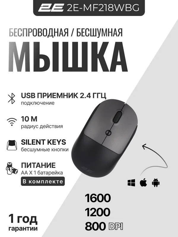 Беспроводная, бесшумная мышка 2E MF218 для ноутбука и компьютера