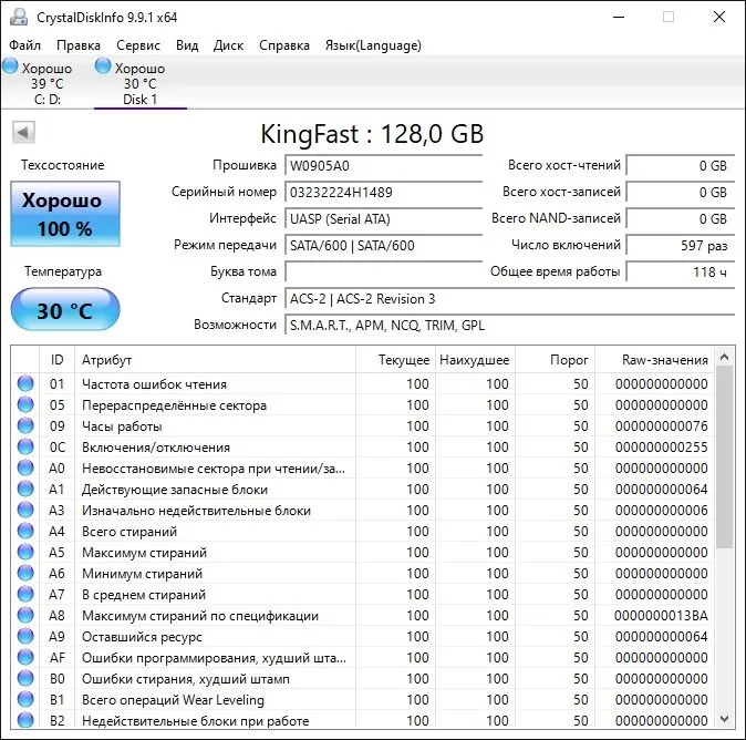 SSD KingFast 128GB SATA III - 12 шт, 100% — фото 3