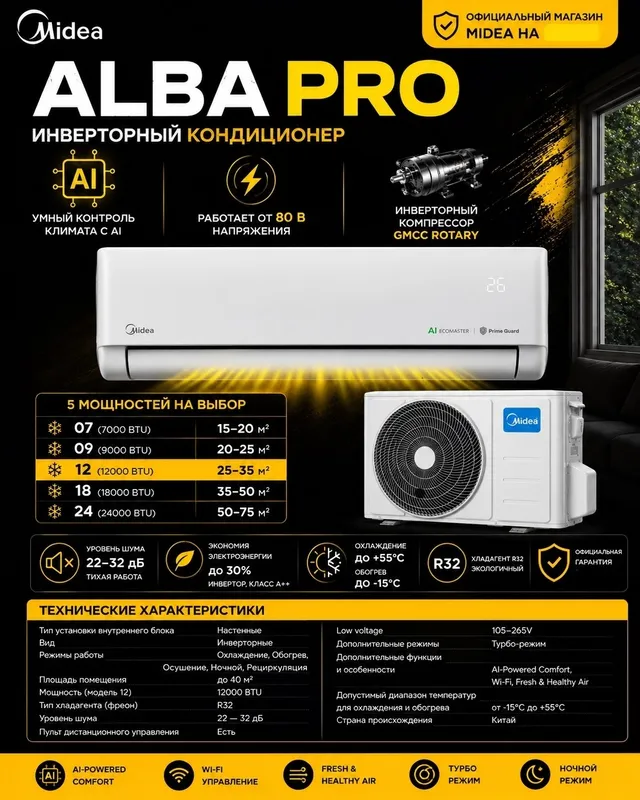 Кондиционер Midea Alba Pro 12 Inv,Беспл ДОСТАВКА