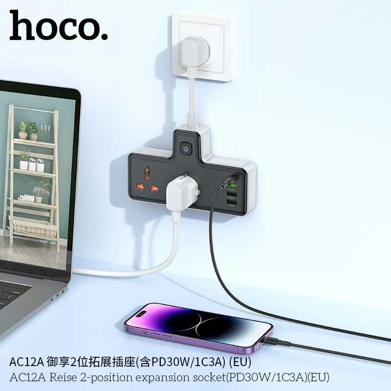 Hoco AC12A Reise Сетевой фильтр 2 розетками и USB-портами PD30W EU/GER — фото 2