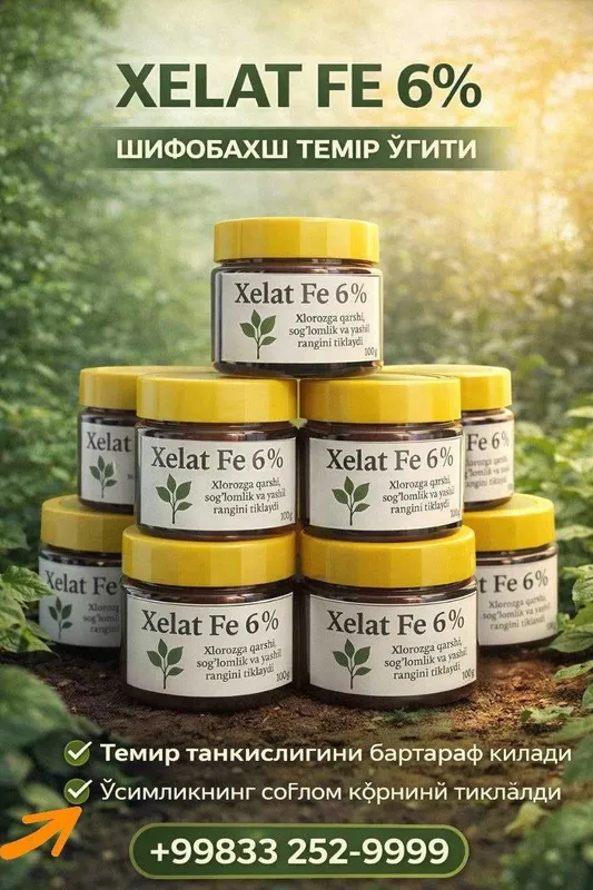 Хелат Fe 6% – Хлорозга қарши кучли ечим! Темир моддаси усимликлар учун Хелат Fe 6% – Хлорозга қарши кучли ечим! Темир моддаси усимликлар учун