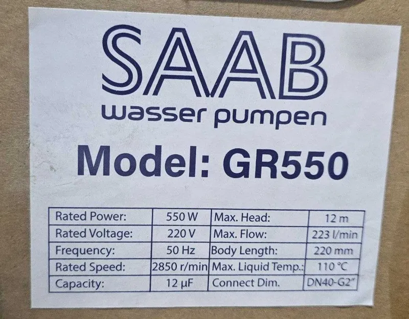 Циркуляционный насос SAAB Wasser Pumpen GR550 2 Циркуляционный насос SAAB Wasser Pumpen GR550 2