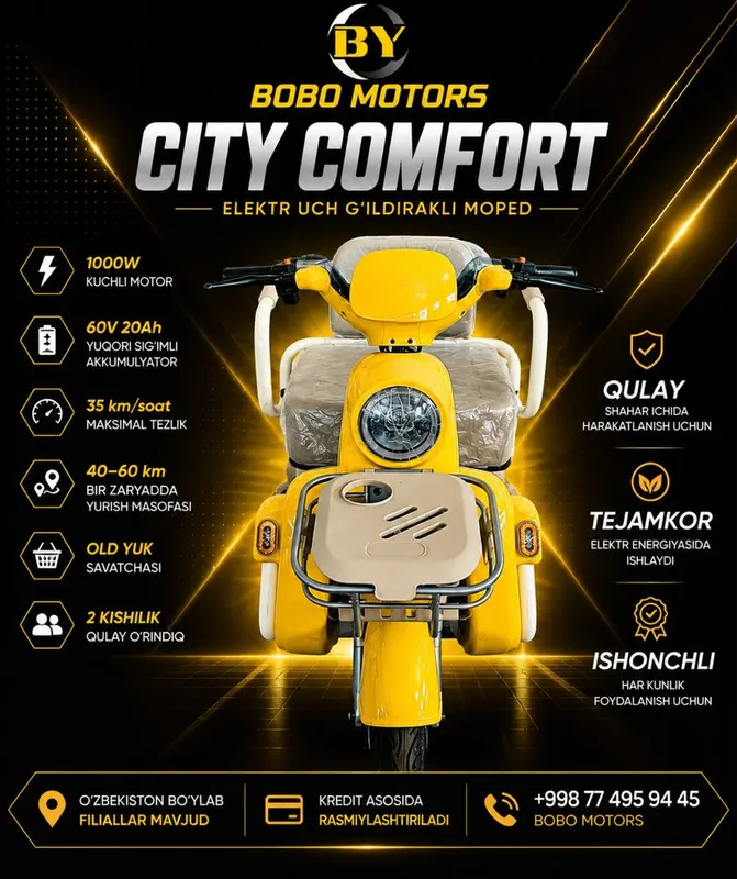 Elektr uch g'ildirakli moped- Bobo Motors 1 Elektr uch g'ildirakli moped- Bobo Motors 1