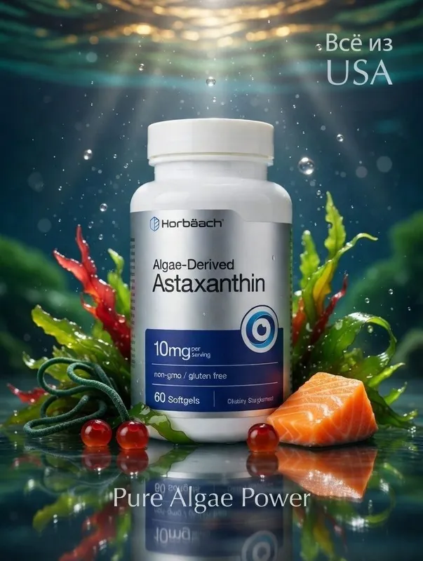 Астаксантин Horbäach Astaxanthin 10мг 60 мягких капсул Формула, пол