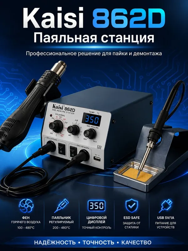 Kaisi 862D паяльная станция с феном и паяльником