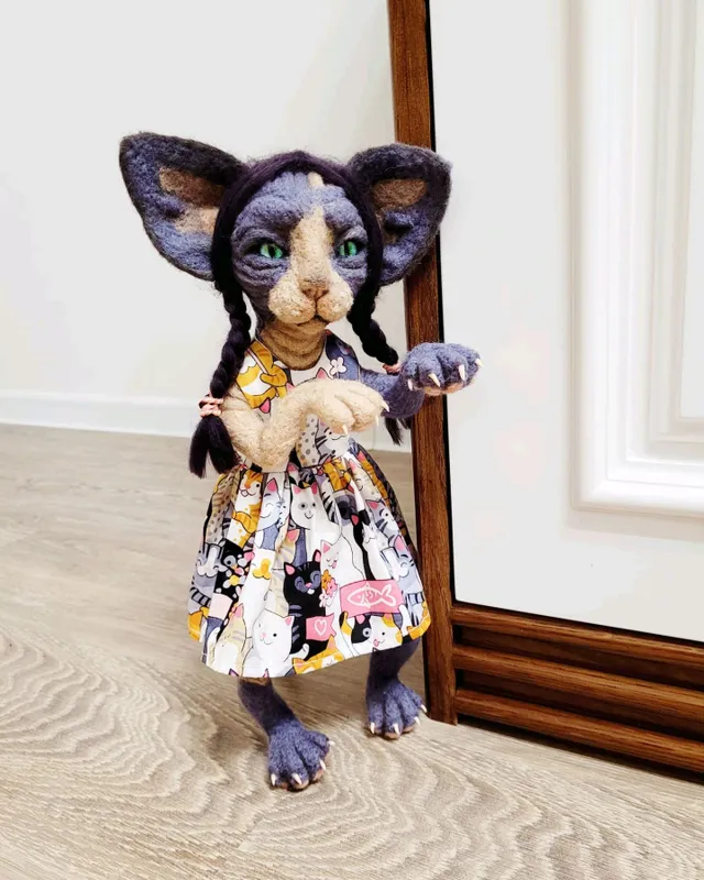 интерьерная игрушка  кошка,шерсть.ручная рабоота — фото 2